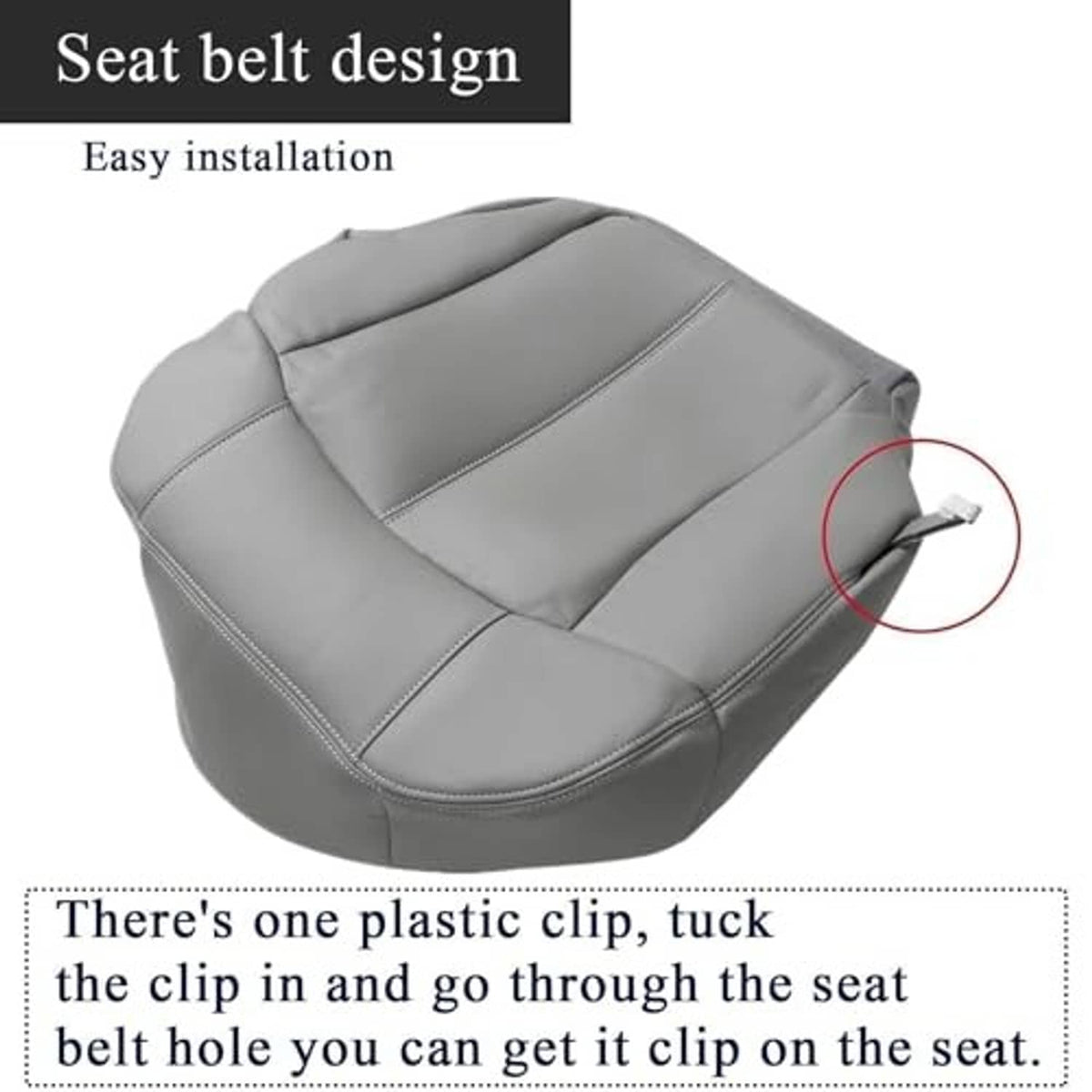 Gray leather seat cover with seat-belt cutout and easy installation clip area.