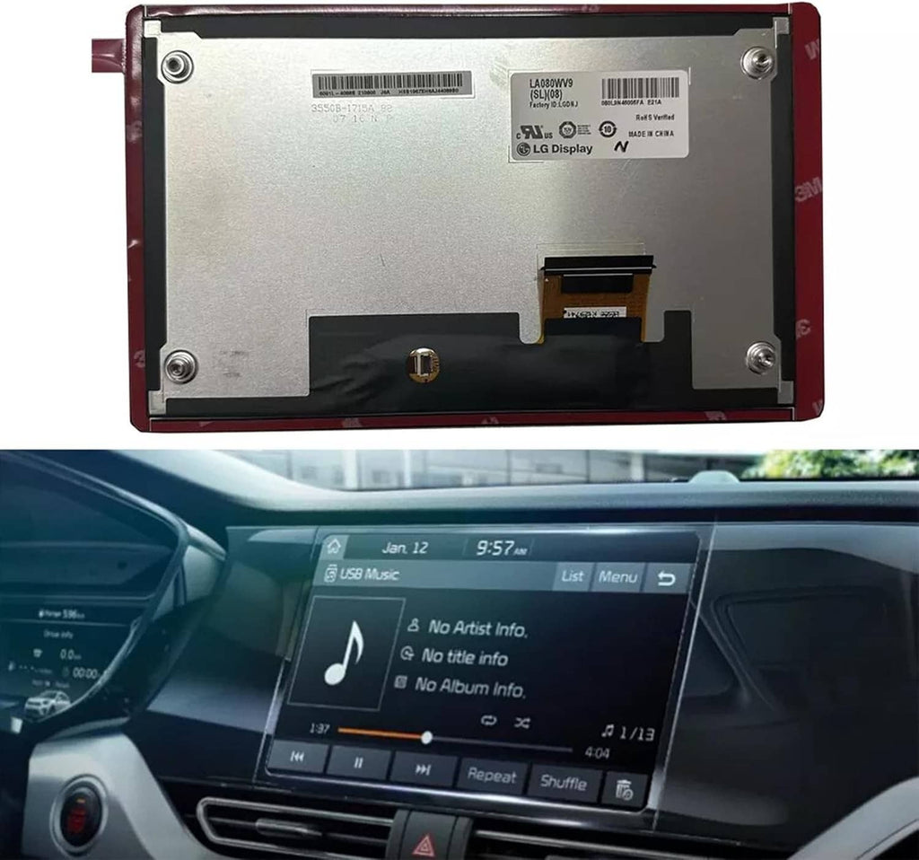 8-inch LCD touch screen display with red frame, rear view and in-dash screen example