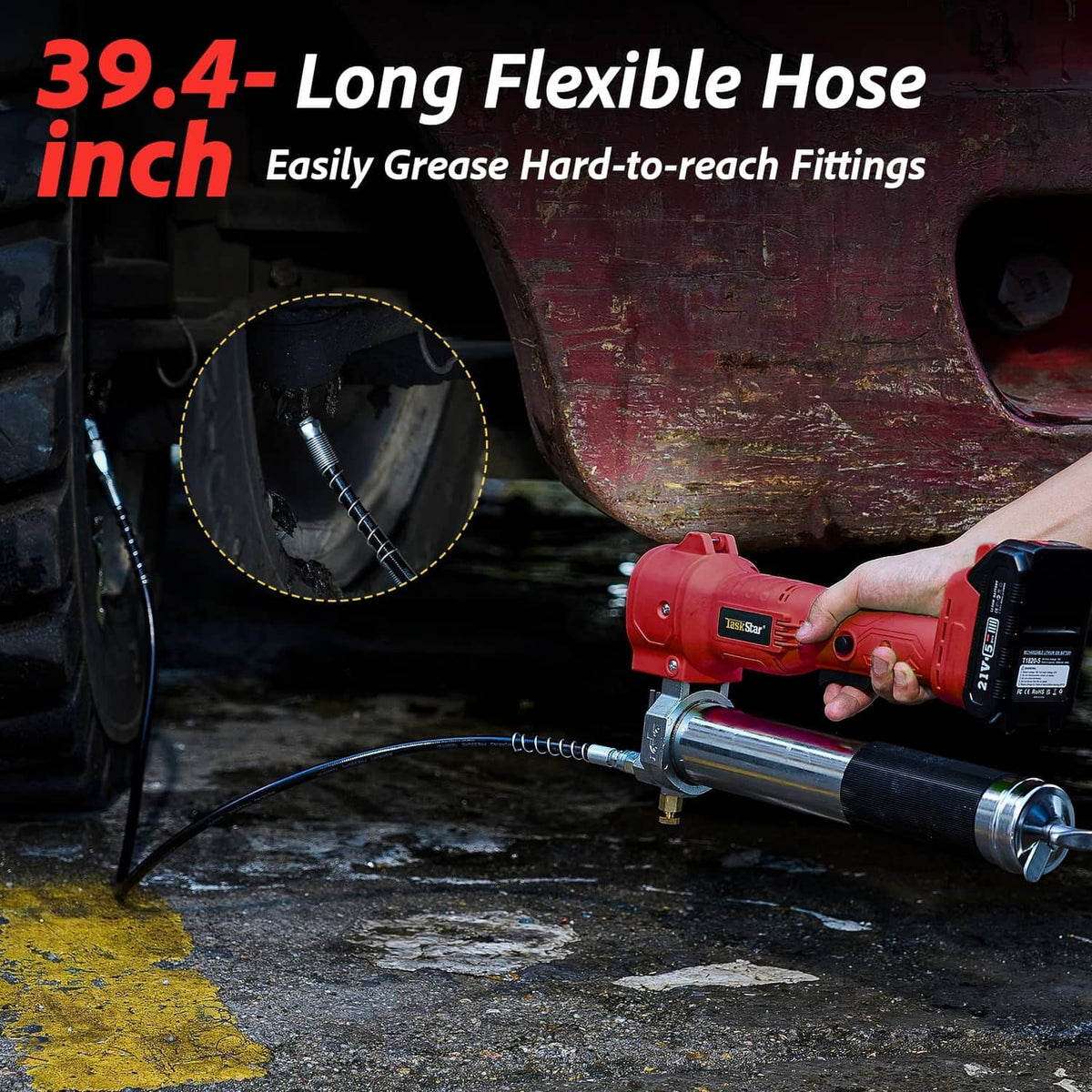 Red cordless electric grease gun with flexible hose and nozzle fitting