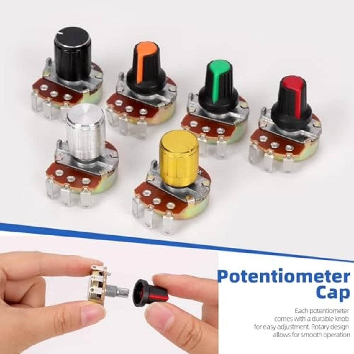 Single-turn potentiometers with colored knob caps, showing a hand installing one cap