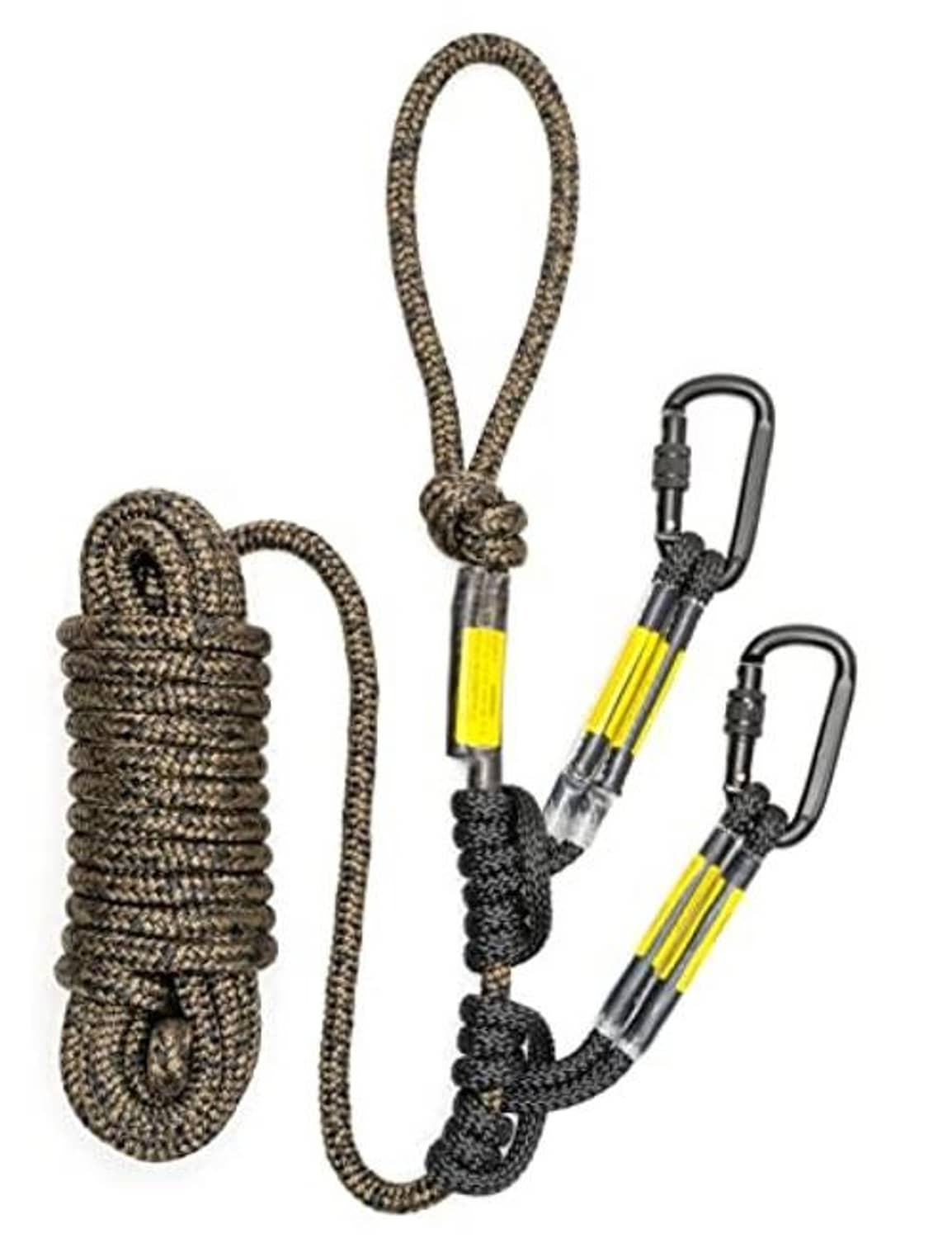Coiled safety rope loop with two carabiners and prusik knots, gray and yellow