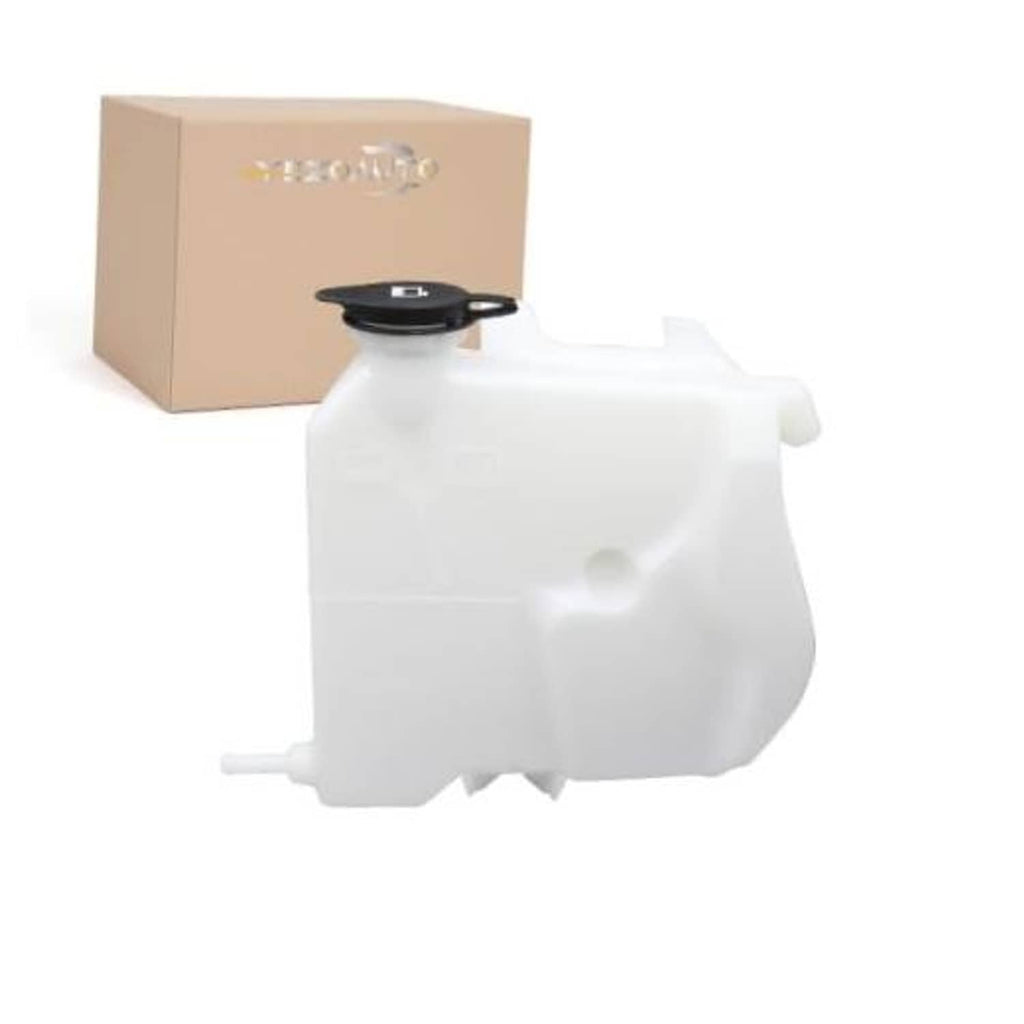 White pressurized coolant reservoir with black cap, front-facing view
