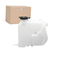 White pressurized coolant reservoir with black cap, front-facing view