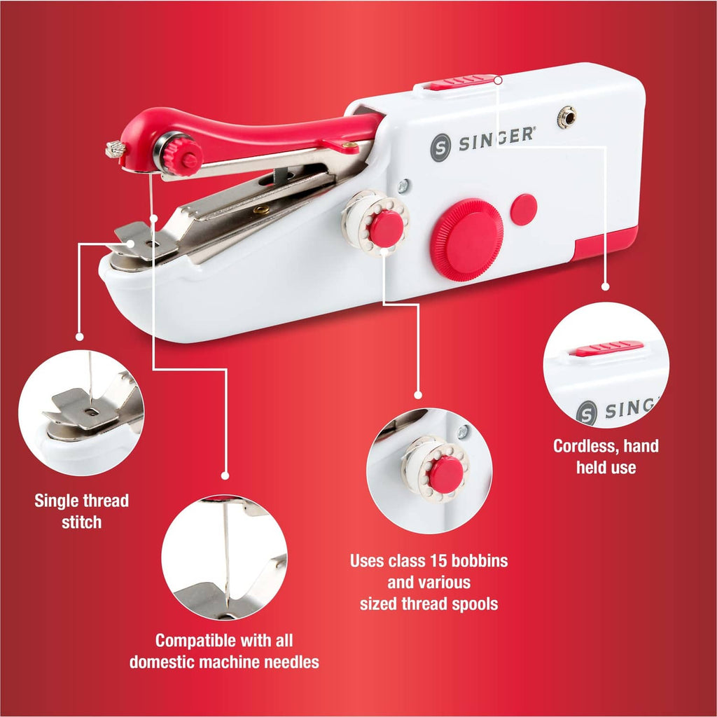 SINGER Stitch Sew Quick handheld sewing machine with labeled parts on white and red body
