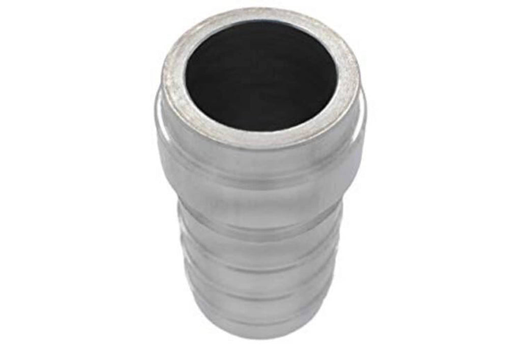 Aluminum weld barb hose fitting with circular port opening and ribbed body, silver
