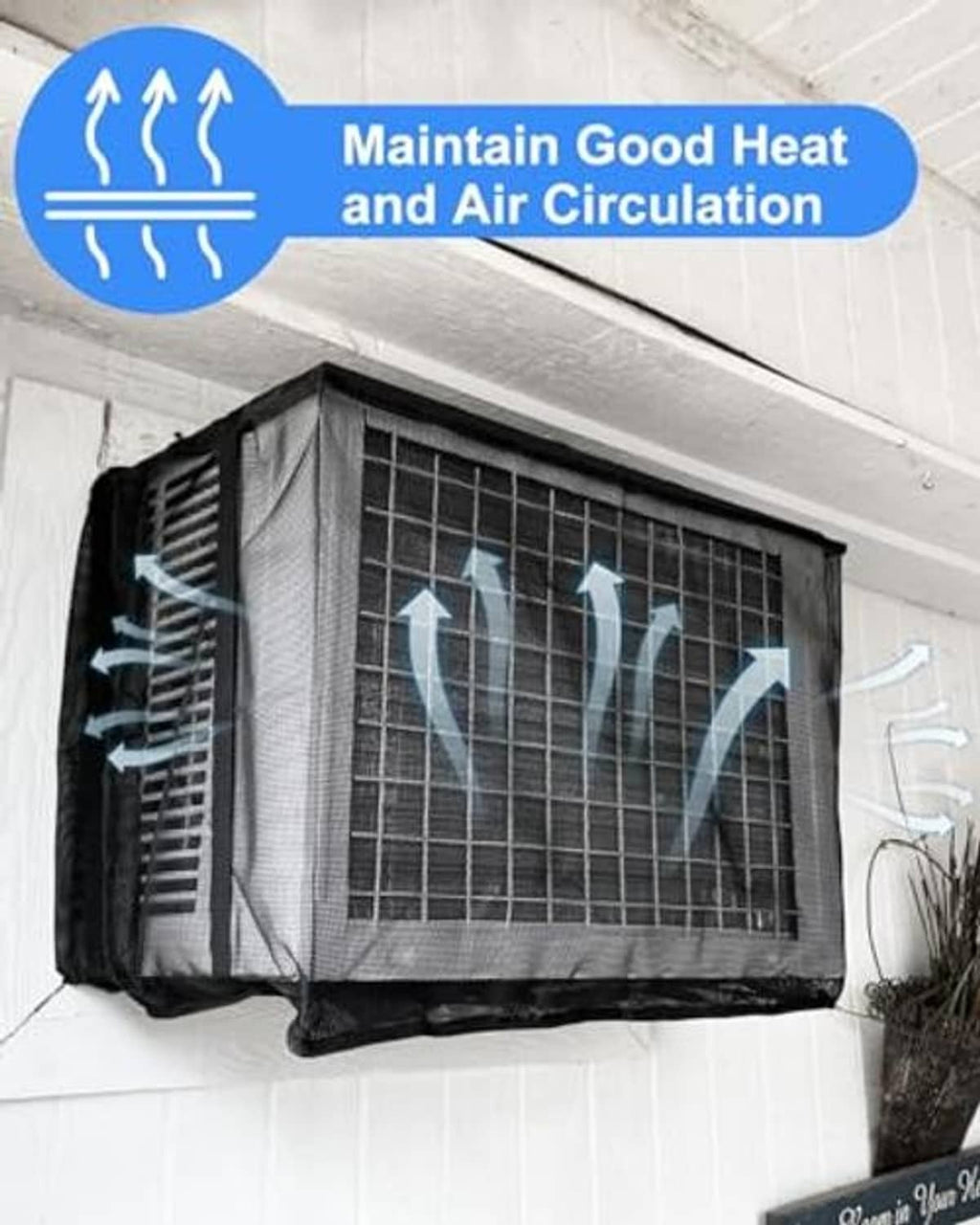 Large mesh U-shape AC cover hanging over a window-mounted outdoor unit