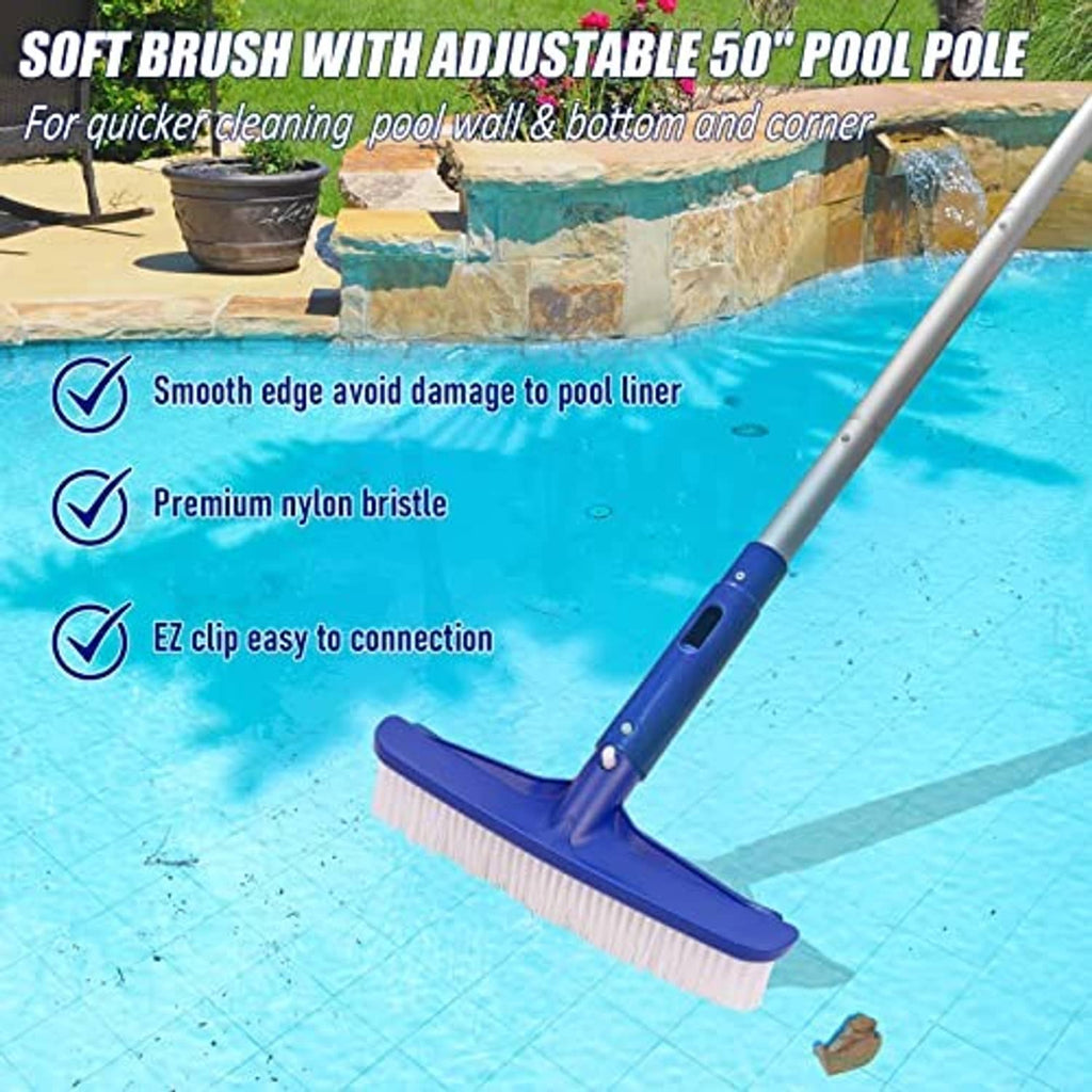 Pool wall brush with nylon bristles on adjustable telescopic aluminum pole