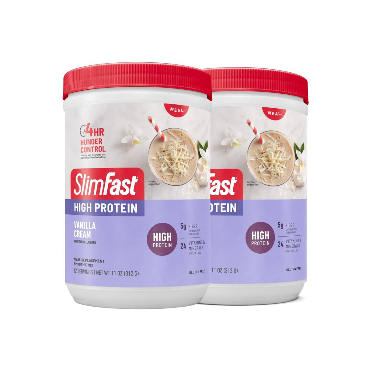 Two SlimFast high-protein vanilla cream tubs with red lids, 11.01 oz pack of 2