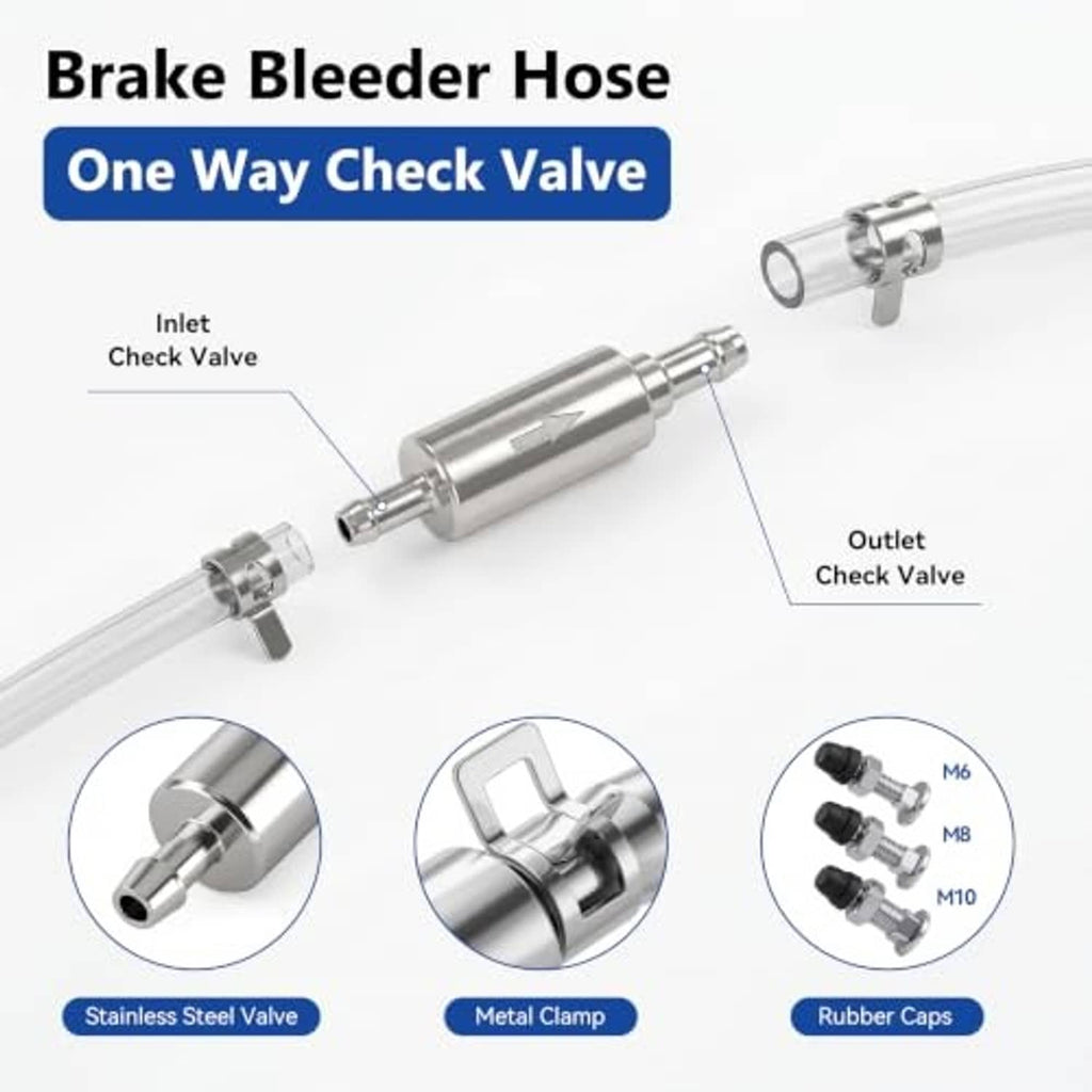 Brake bleeder hose with one-way check valve, clear hose, metal clamp and rubber caps.
