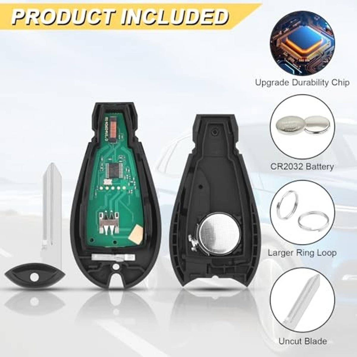 Key fob replacement set with circuit chip, CR2032 battery, metal blade, and ring