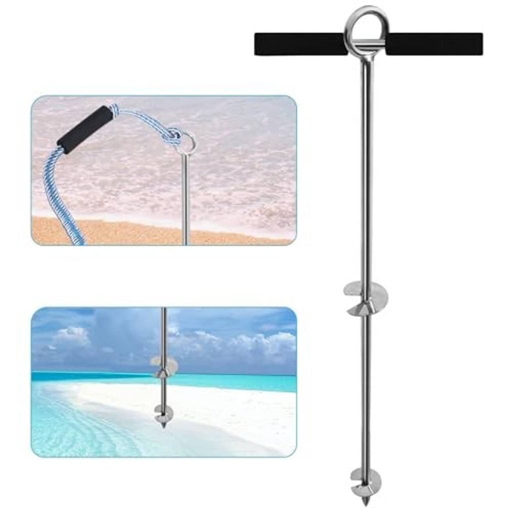 Stainless steel sand anchor screw with blue rope and black storage bag