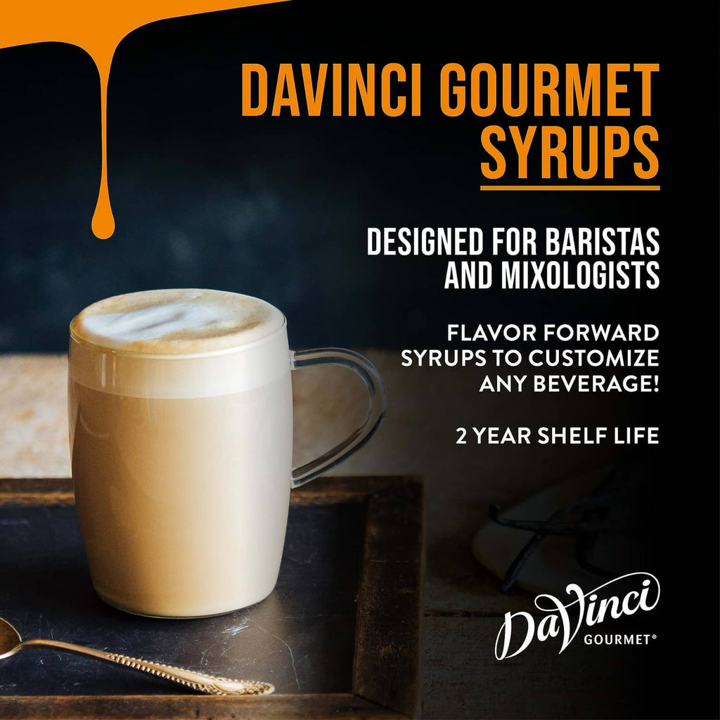 Promotional card with latte cup and DaVinci Gourmet Syrups branding, no bottle shown