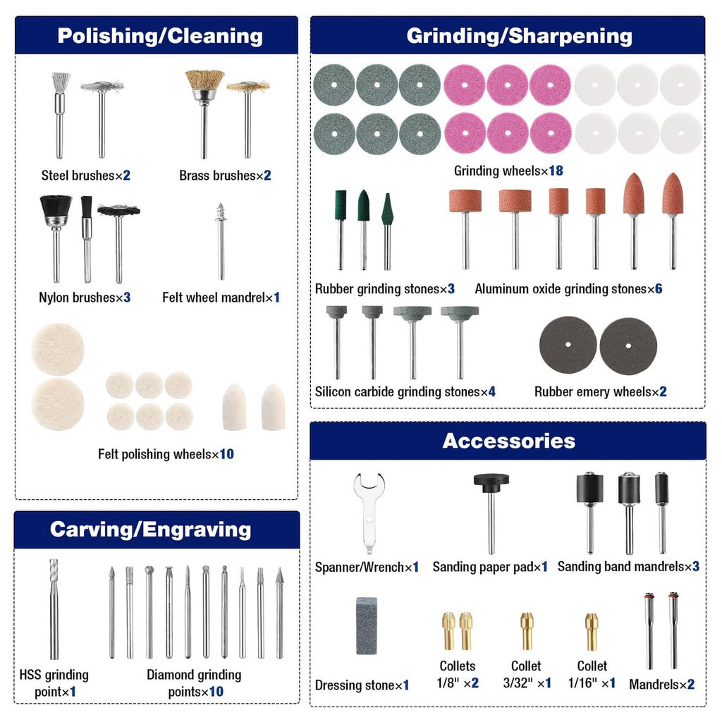 Polishing and grinding accessories with wire brushes, grinding stones, and buffing wheels