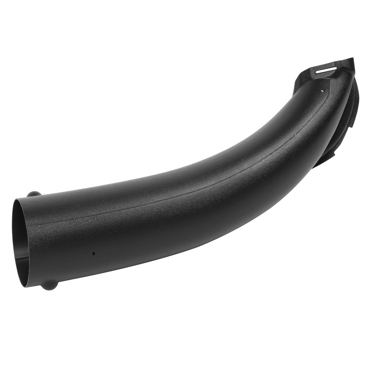 Black curved discharge chute with round intake end and mounting clip