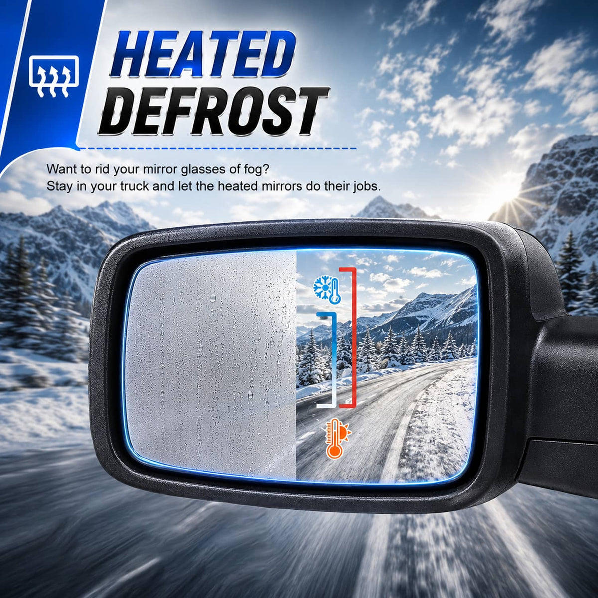 Heated side mirror with clear glass panel and anti-fog temperature indicator