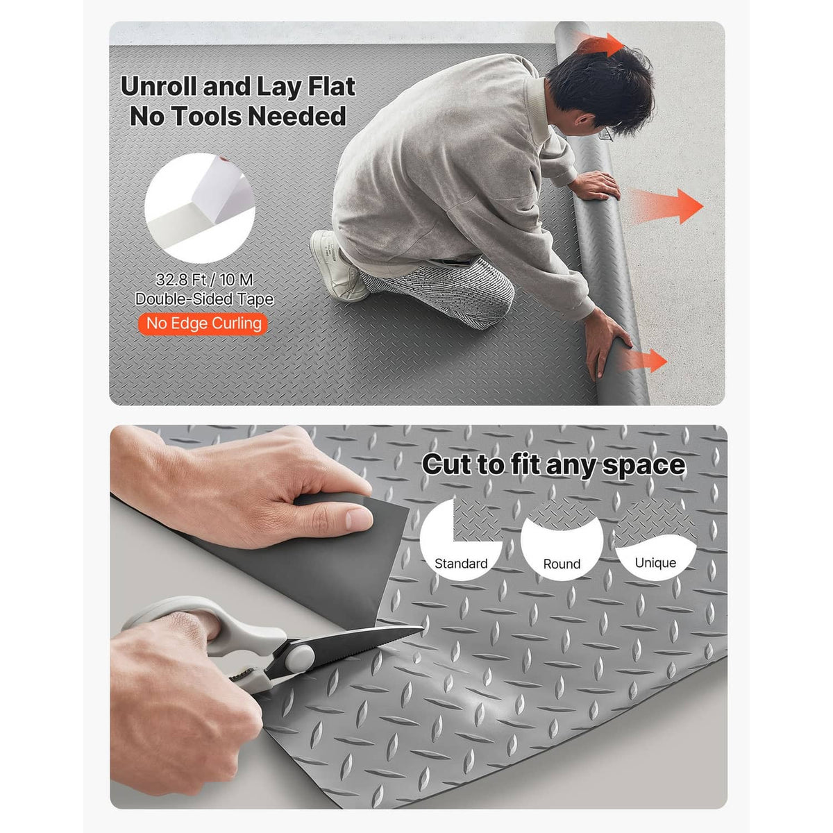 Silver gray PVC diamond-plate mat being unrolled and laid flat, smooth top surface.