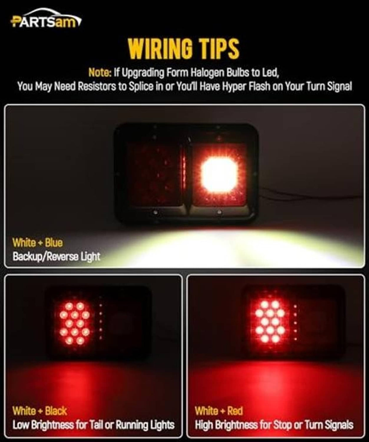 Red LED trailer tail lights glowing with bright red stop/turn illumination