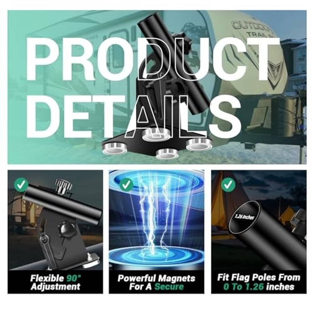 Magnetic flag pole holder kit with flexible 90° adjustment and secure fit