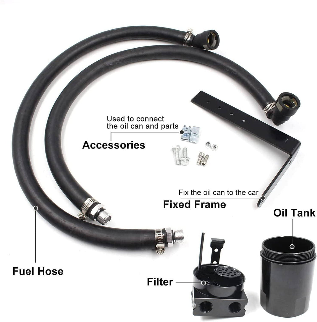 Black oil catch can system with hose connections, filter housing, and fixed frame bracket