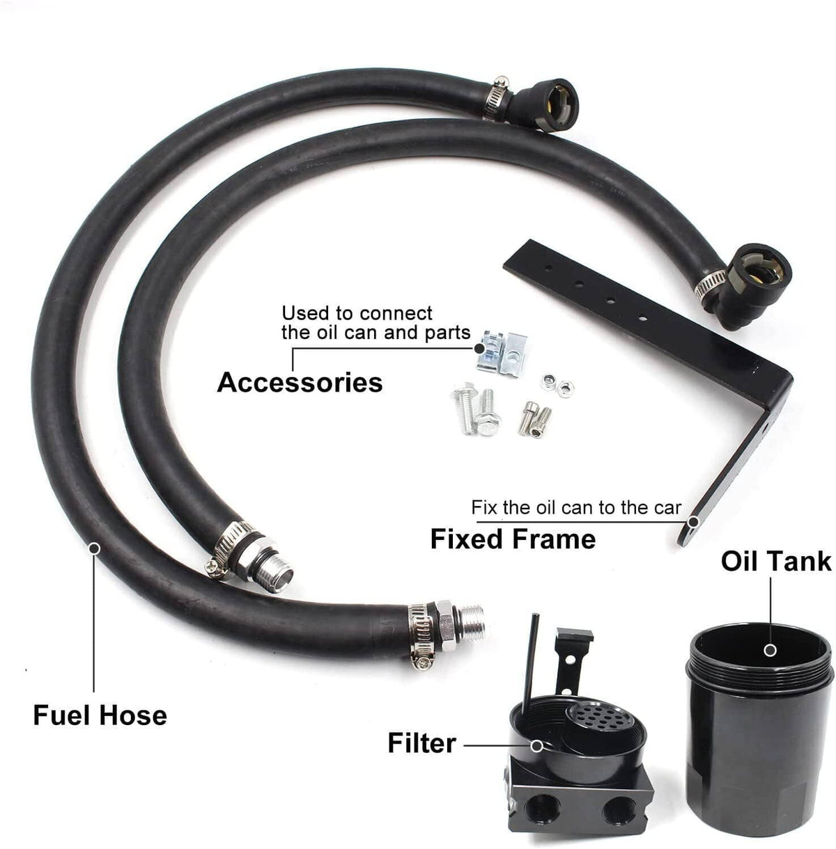 Black oil catch can system with hose connections, filter housing, and fixed frame bracket