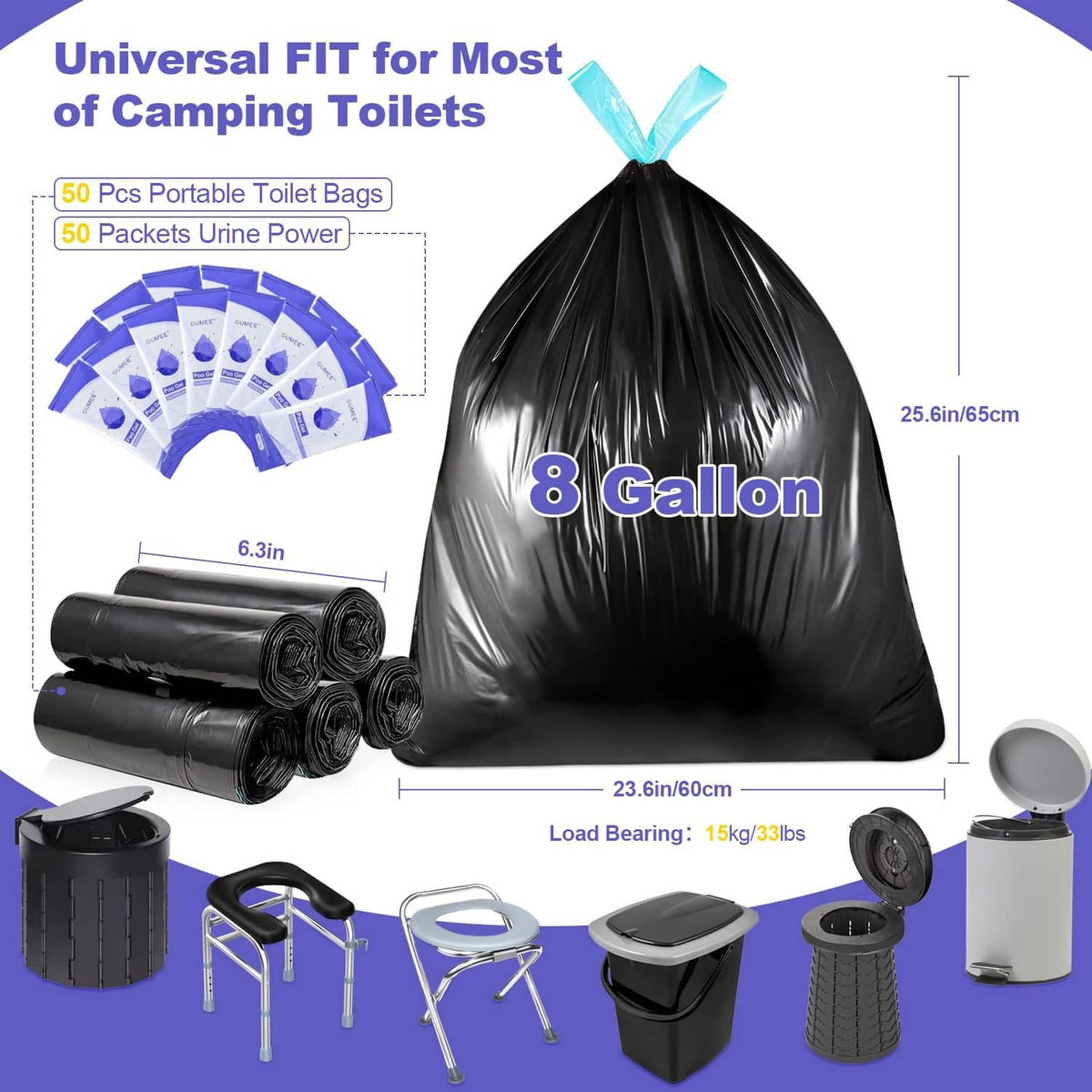 Black 8-gallon portable toilet bag with included rolled liners and camping-use items