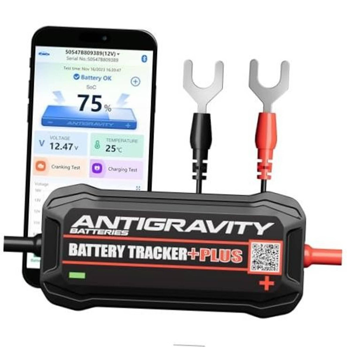Black battery tracker plus device with red and black connector wires and prongs