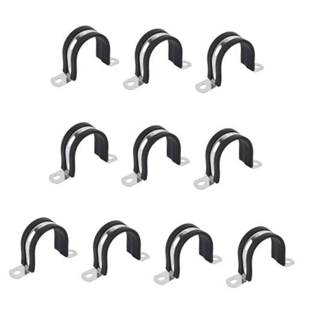 Set of black rubber-cushioned U pipe clamps with galvanized two-hole mounting plates