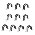 Set of black rubber-cushioned U pipe clamps with galvanized two-hole mounting plates
