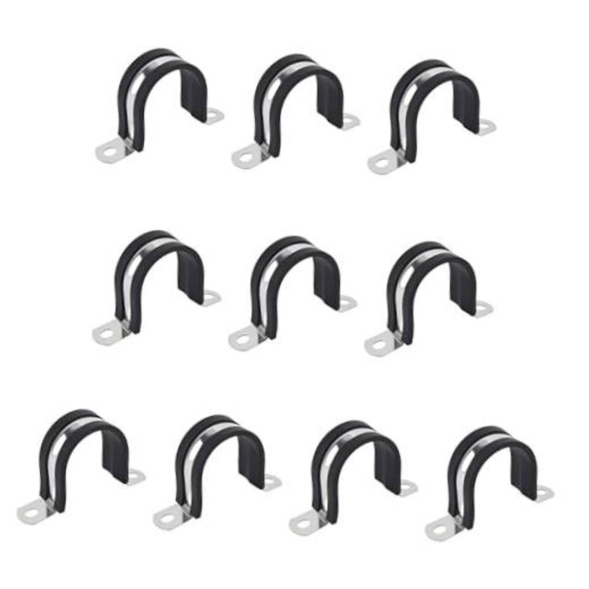 Set of black rubber-cushioned U pipe clamps with galvanized two-hole mounting plates