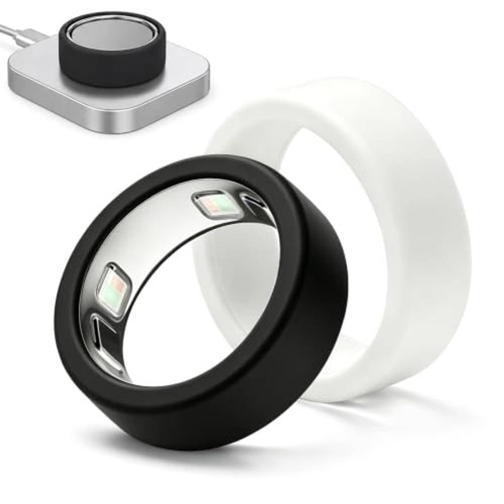 Black and white silicone ring covers with raised sensor windows and open bands