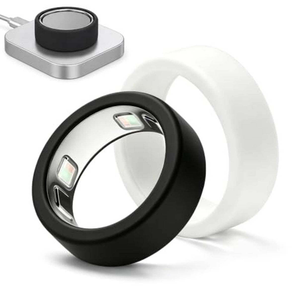 Black and white silicone ring covers with raised sensor windows and open bands
