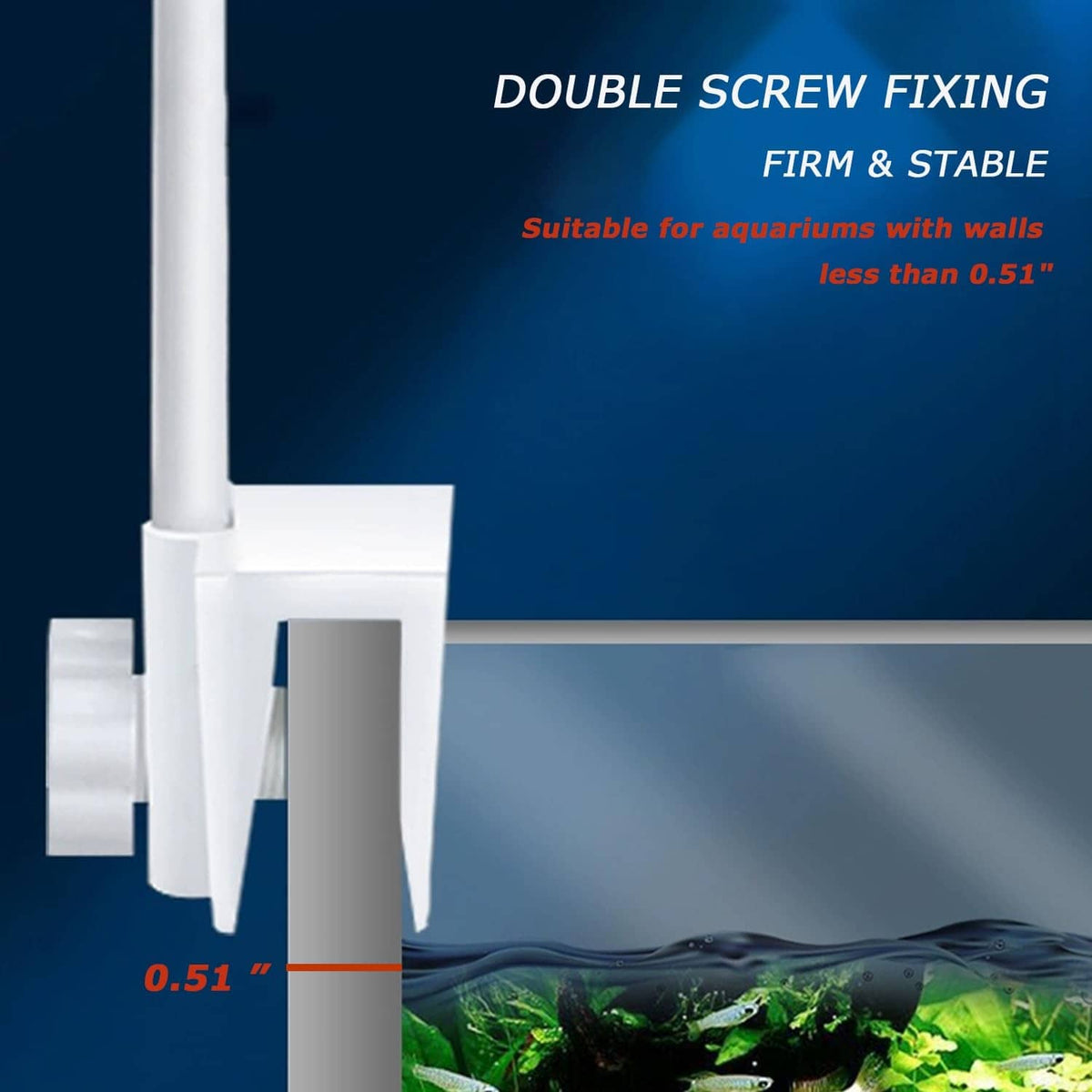White LED aquarium light clamp with double screw fixing for stable wall mounting