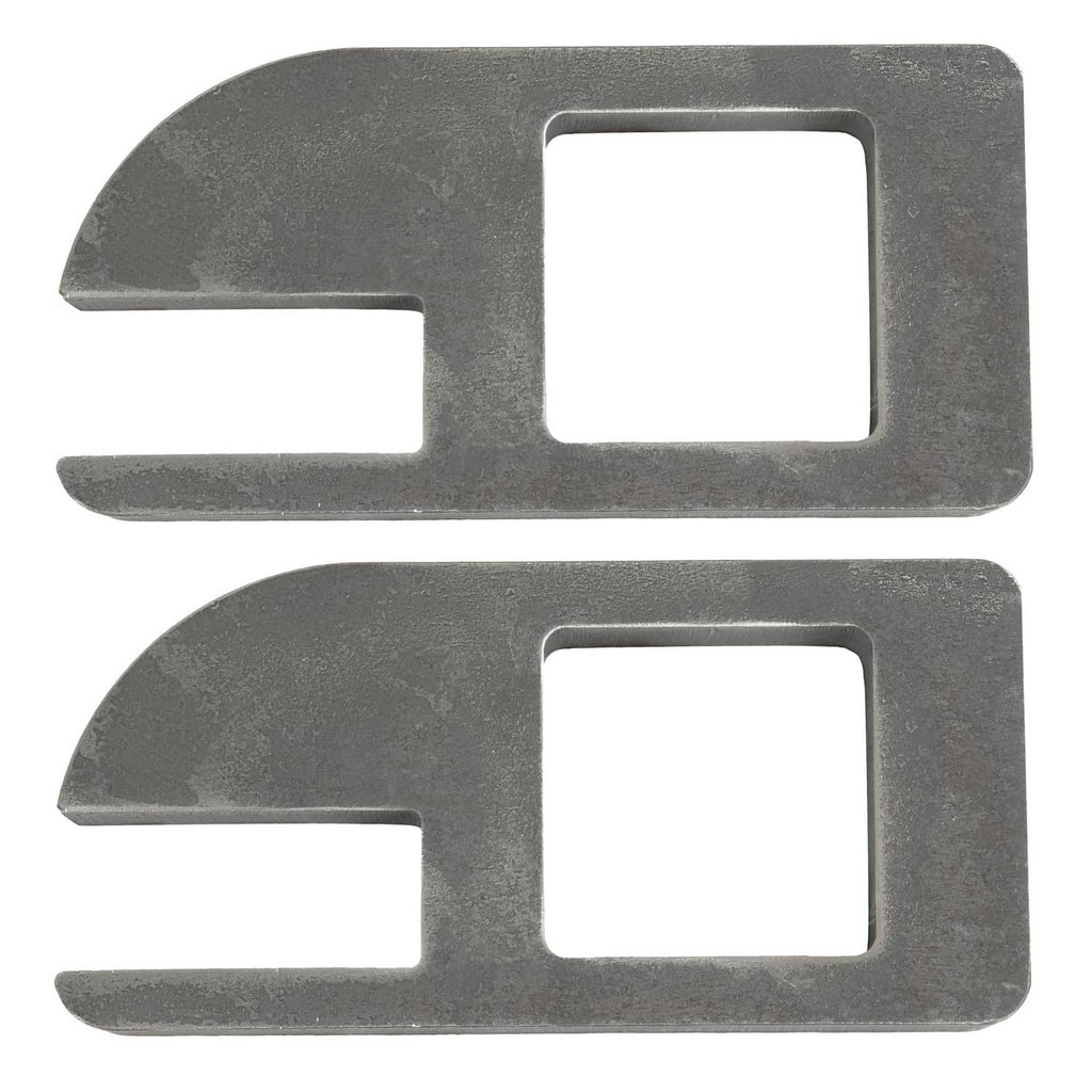Two dark gray steel rectangular clip brackets with center square cutouts