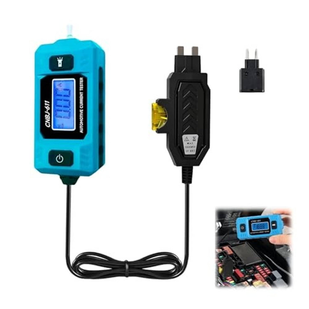 Automotive current fuse tester with blue LCD unit and black dual-plug connector cable
