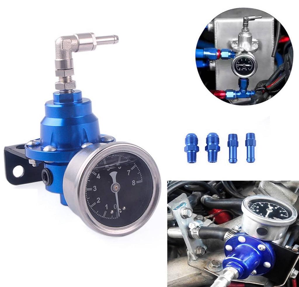 Blue adjustable fuel pressure regulator with oil pressure gauge and metal hose fittings kit