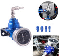 Blue adjustable fuel pressure regulator with oil pressure gauge and metal hose fittings kit