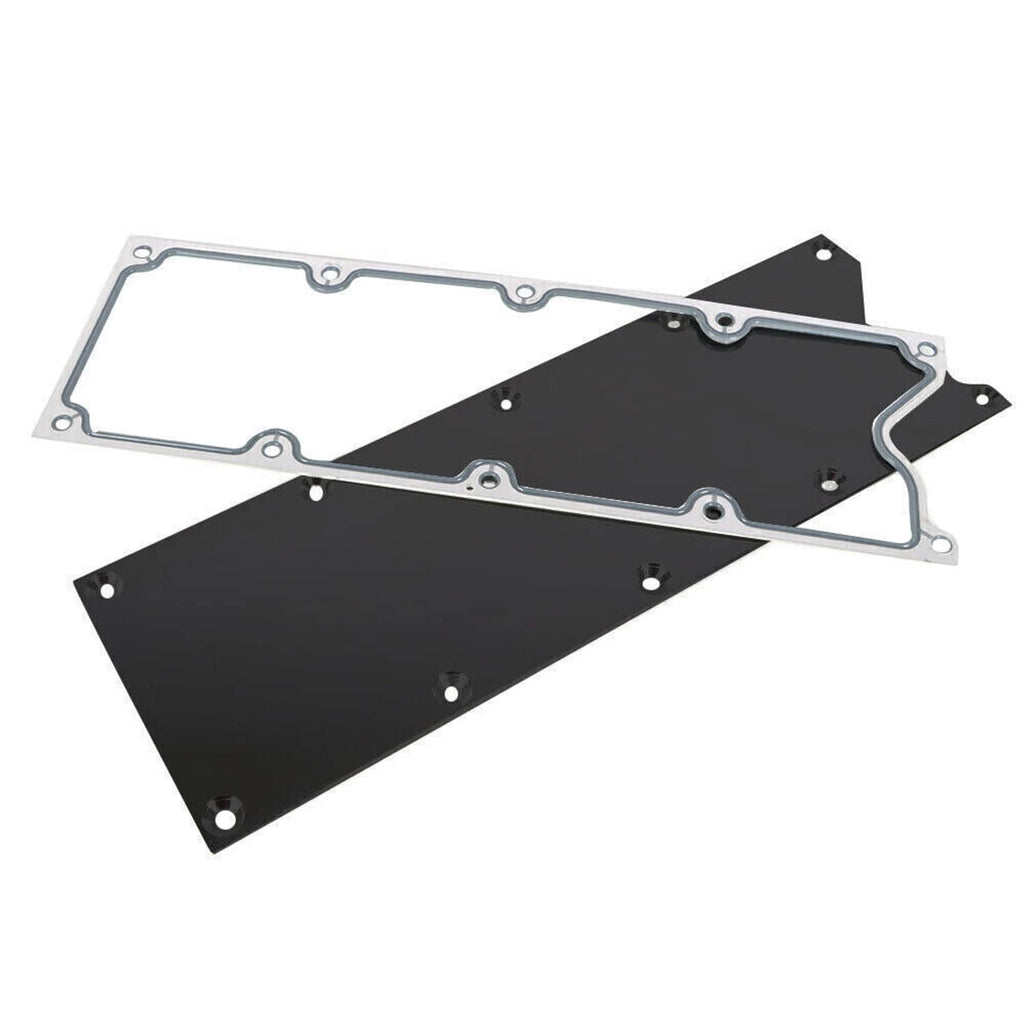 Knock sensor delete plate kit with black cover plate, silver gasket and mounting hardware
