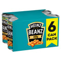 Six-pack of Heinz baked beans cans with teal wrap, 415 g labels