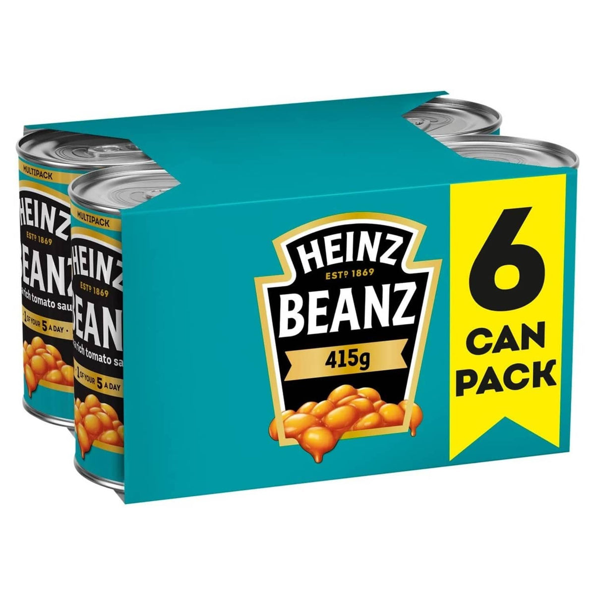 Six-pack of Heinz baked beans cans with teal wrap, 415 g labels