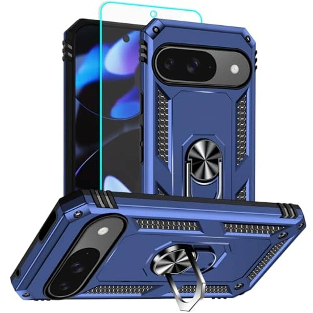 Blue rugged phone case with screen cover, raised dual camera cutout, metal ring kickstand