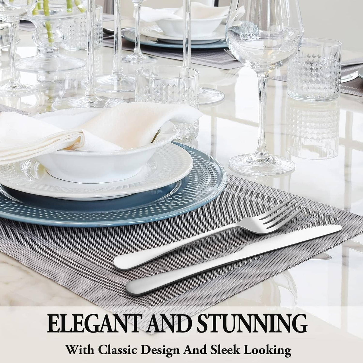 Stainless-steel fork and spoon set with sleek, smooth serving utensils