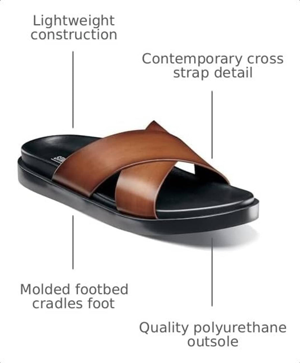 Cognac brown slide sandal with contemporary cross strap detail and molded footbed