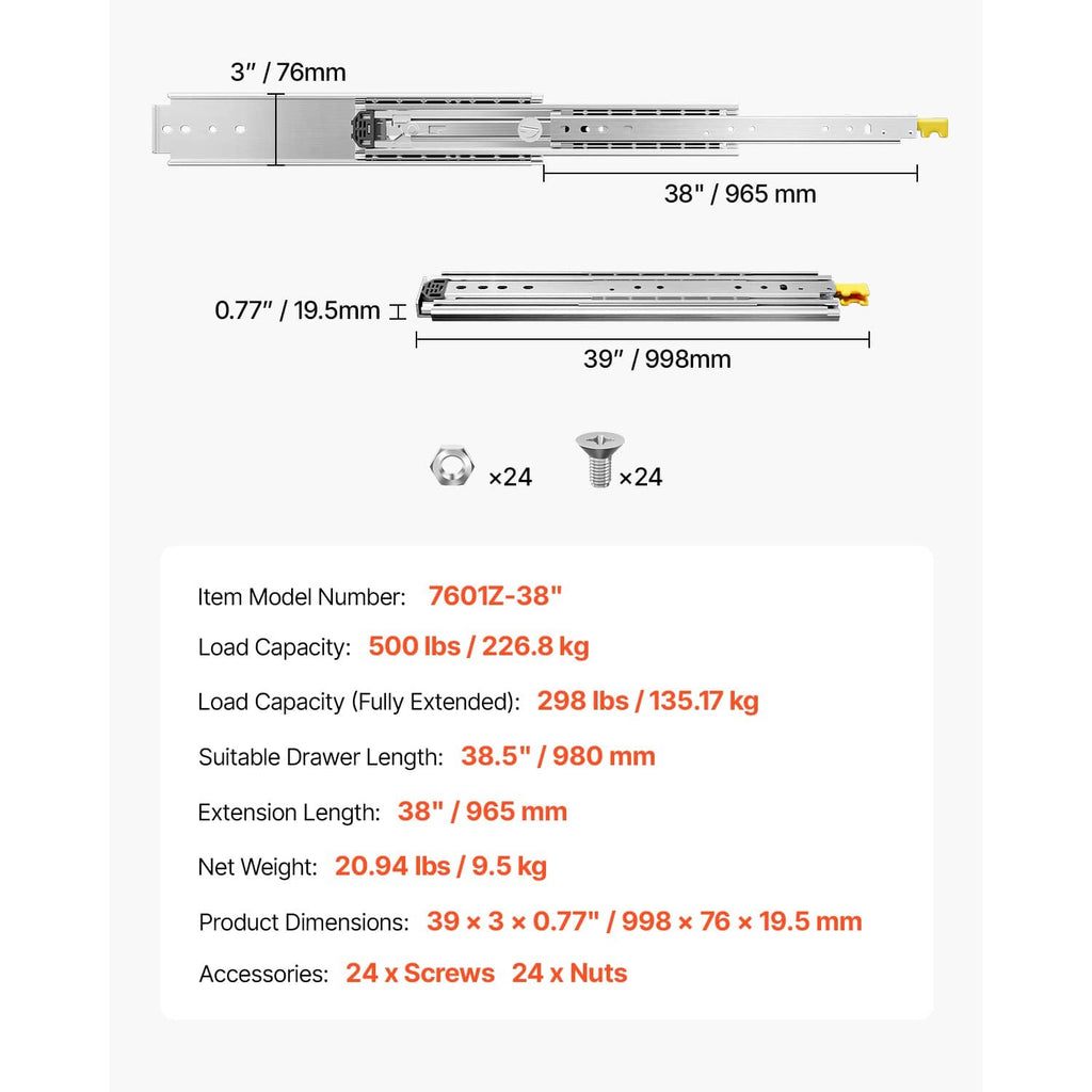38 in / 965 mm full extension drawer slide rail with mounting holes and yellow lock tab