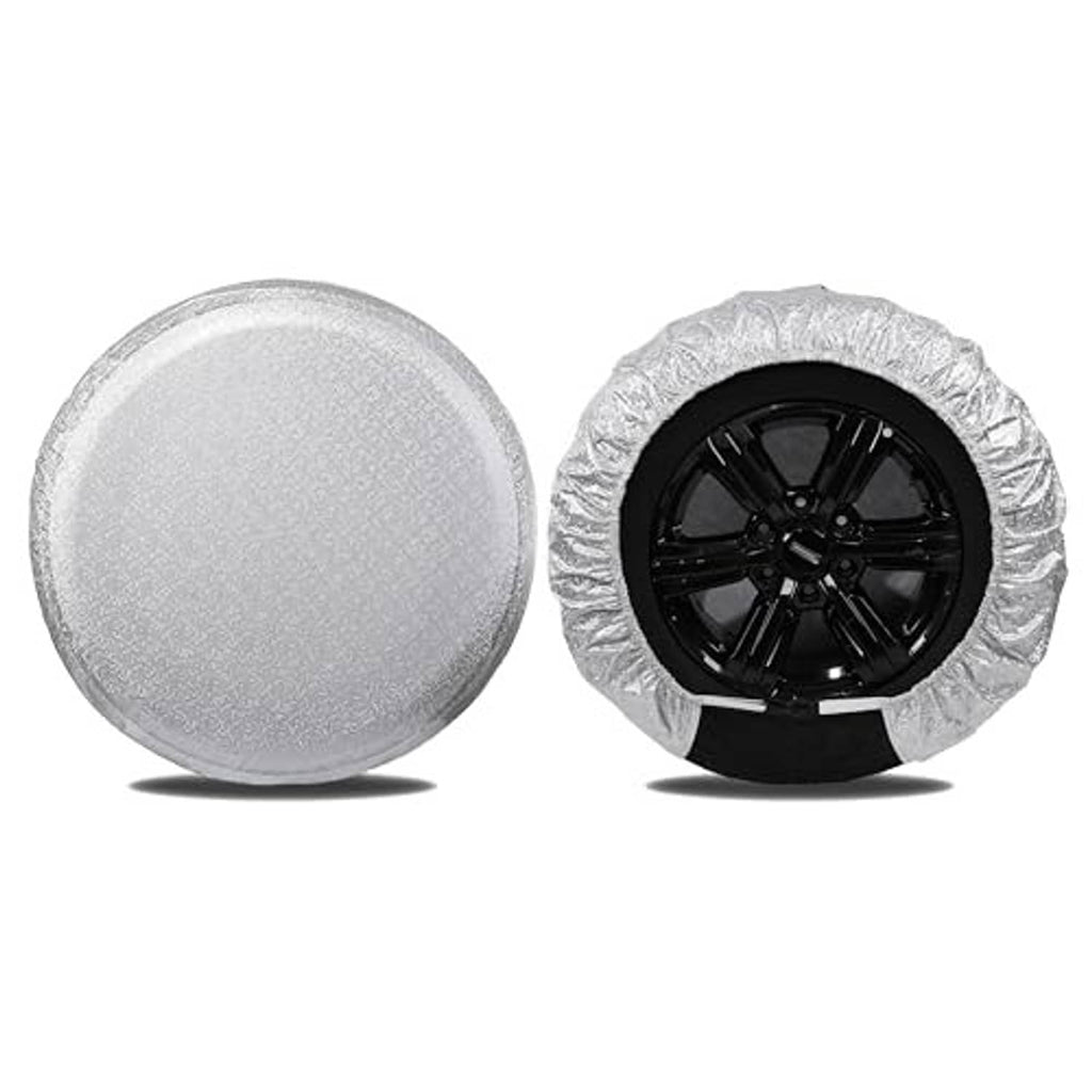Silver RV wheel tire covers (2 pack) with one visible black wheel inside the cover
