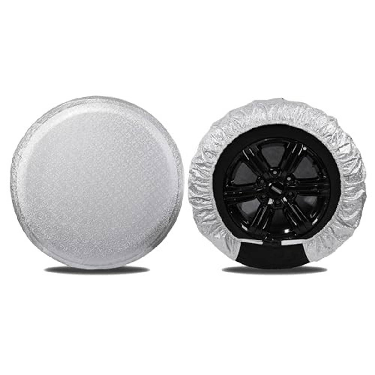 Silver RV wheel tire covers (2 pack) with one visible black wheel inside the cover