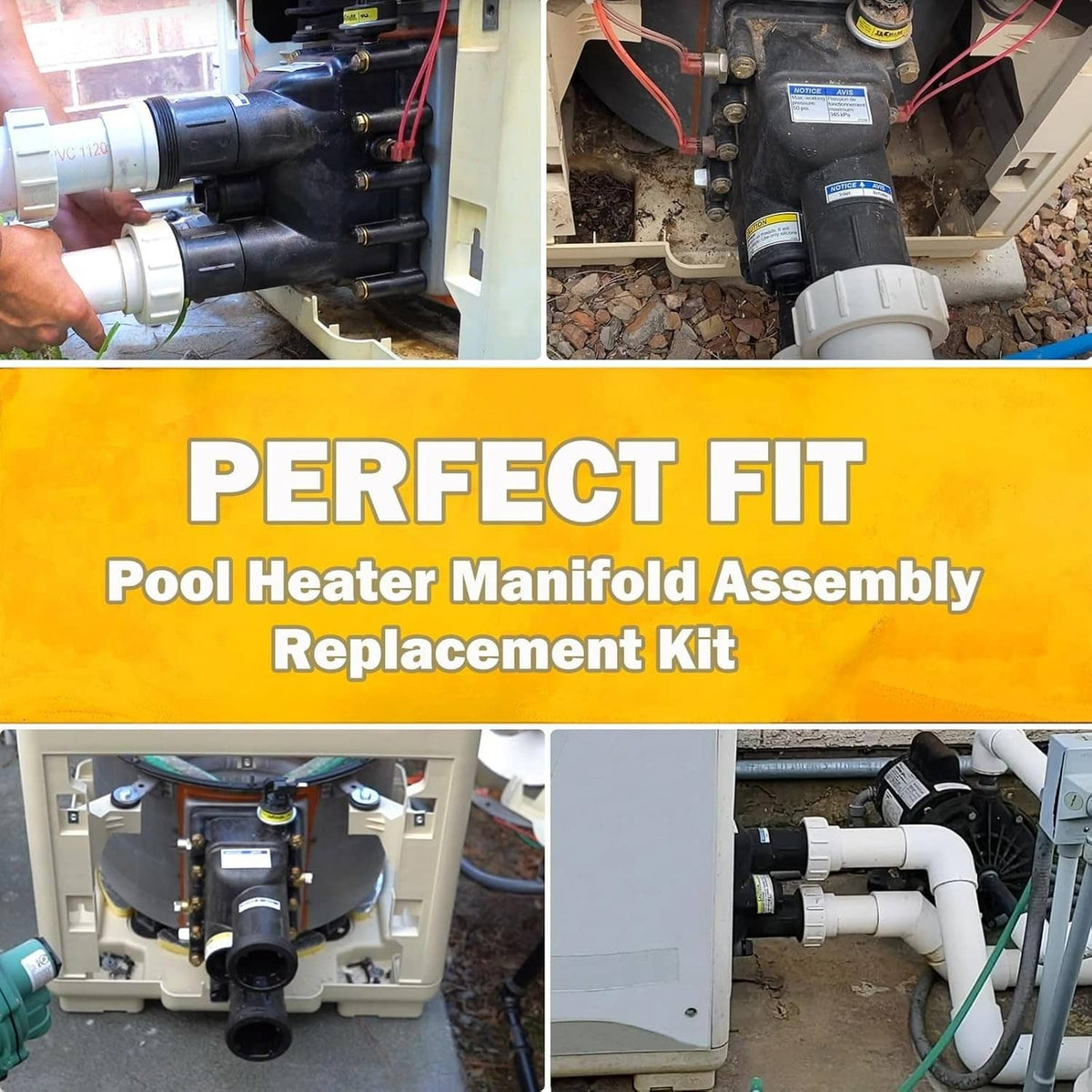Pool heater unit with manifold assembly replacement kit shown installed in plumbing area