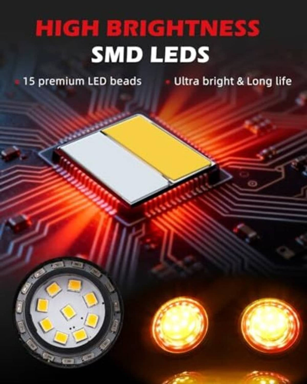 SMD LED motorcycle light bulbs with glowing amber and red indicator lenses