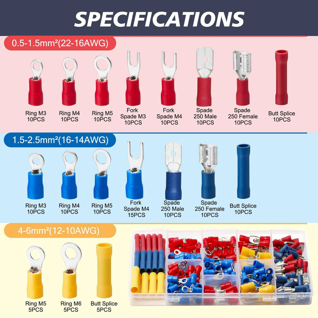 Crimp terminal specifications chart showing ring, fork, spade, and butt sizes