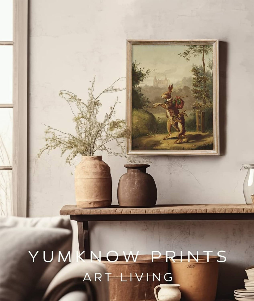 Framed vintage rabbit poster with two rabbits and basket outdoors, hung on a wall