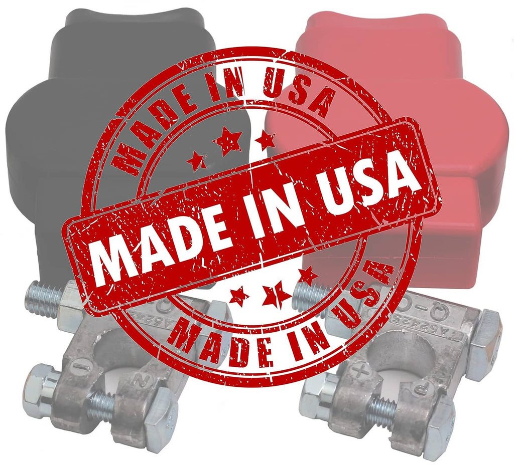 Battery terminal cover kit with red and black caps and a red Made in USA stamp